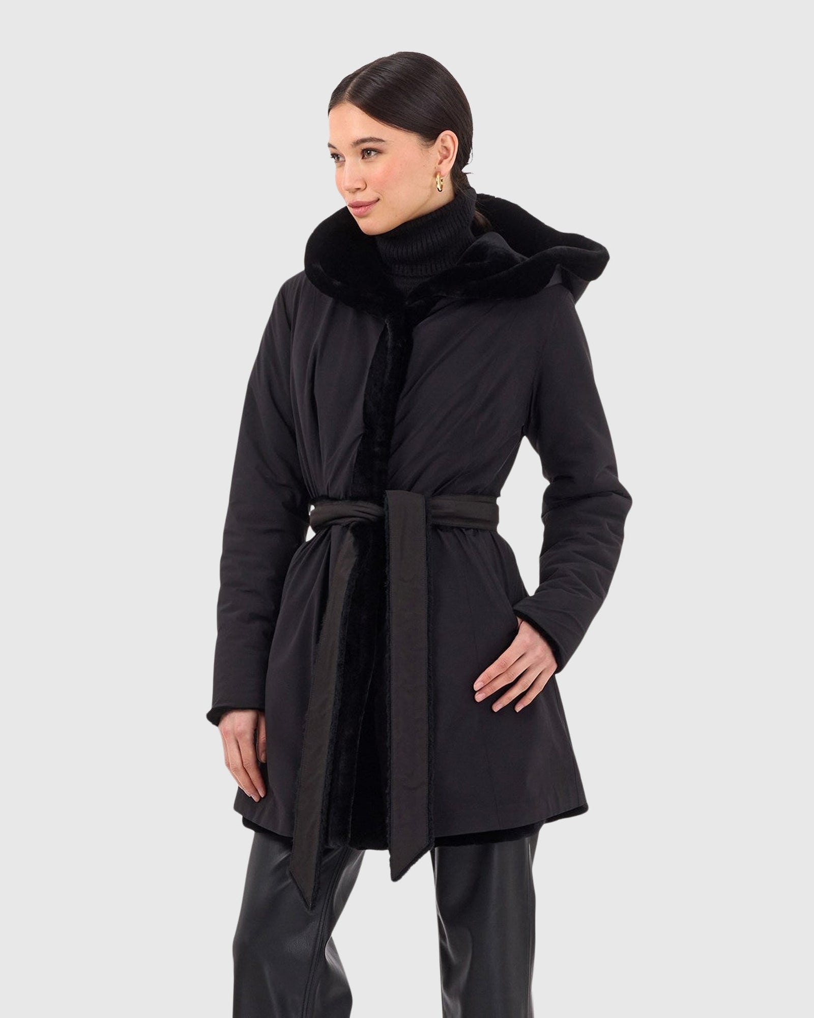 Reversible Select Shearling Lamb Hooded Stroller | Black/Black