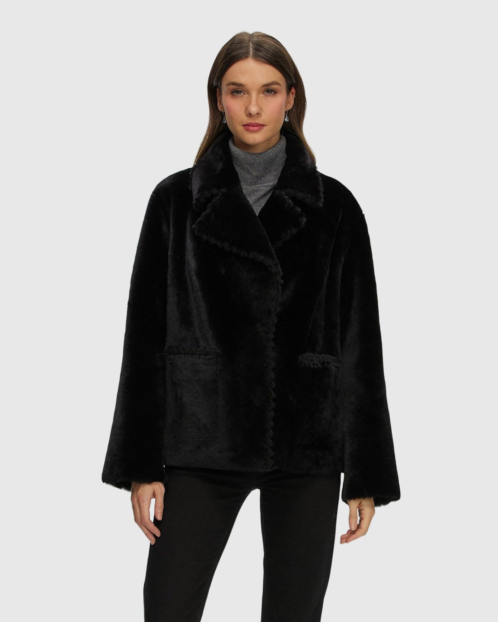 Reversible Select Shearling Lamb Jacket With Embroidered Trim | Black/Black