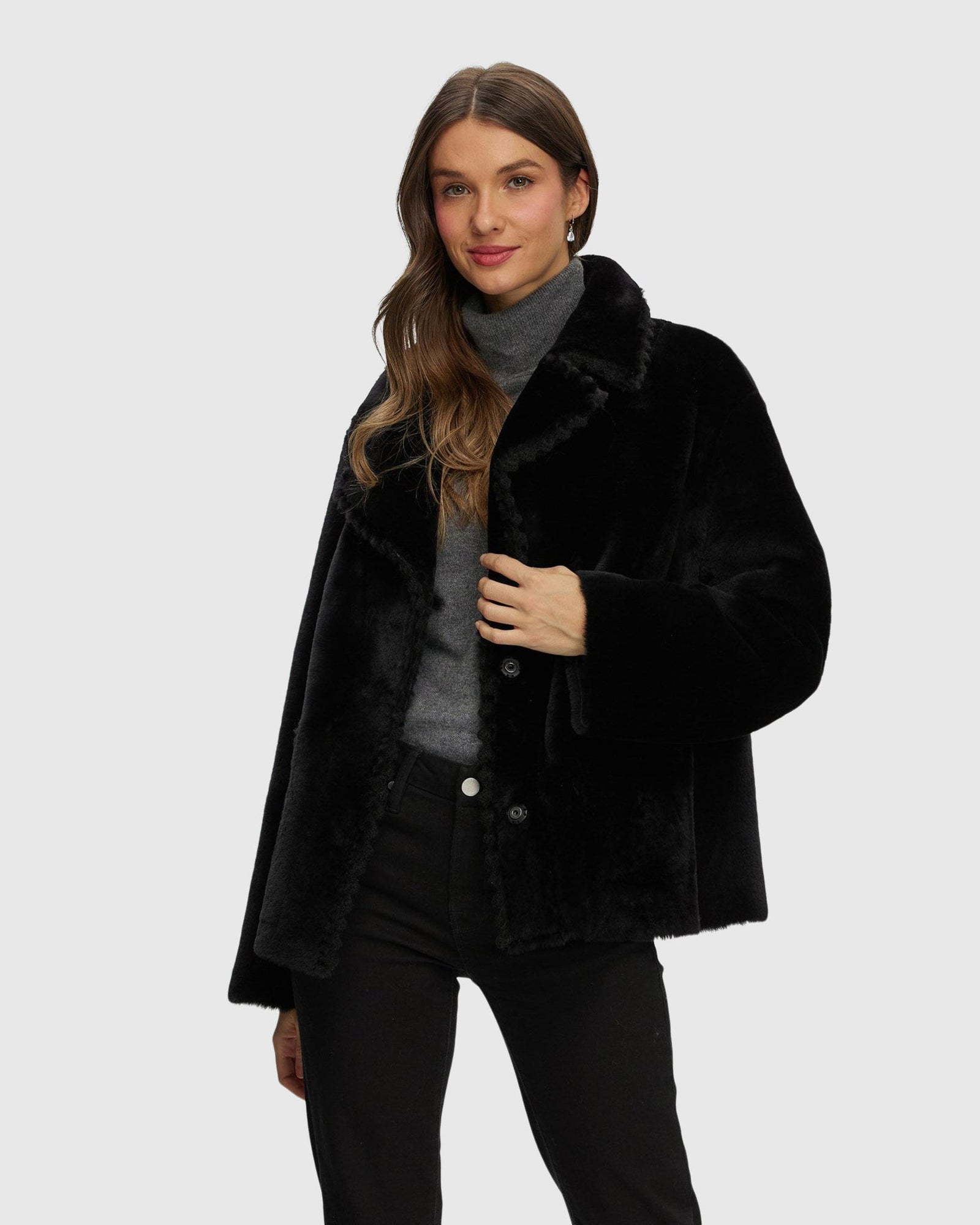 Reversible Select Shearling Lamb Jacket With Embroidered Trim | Black/Black
