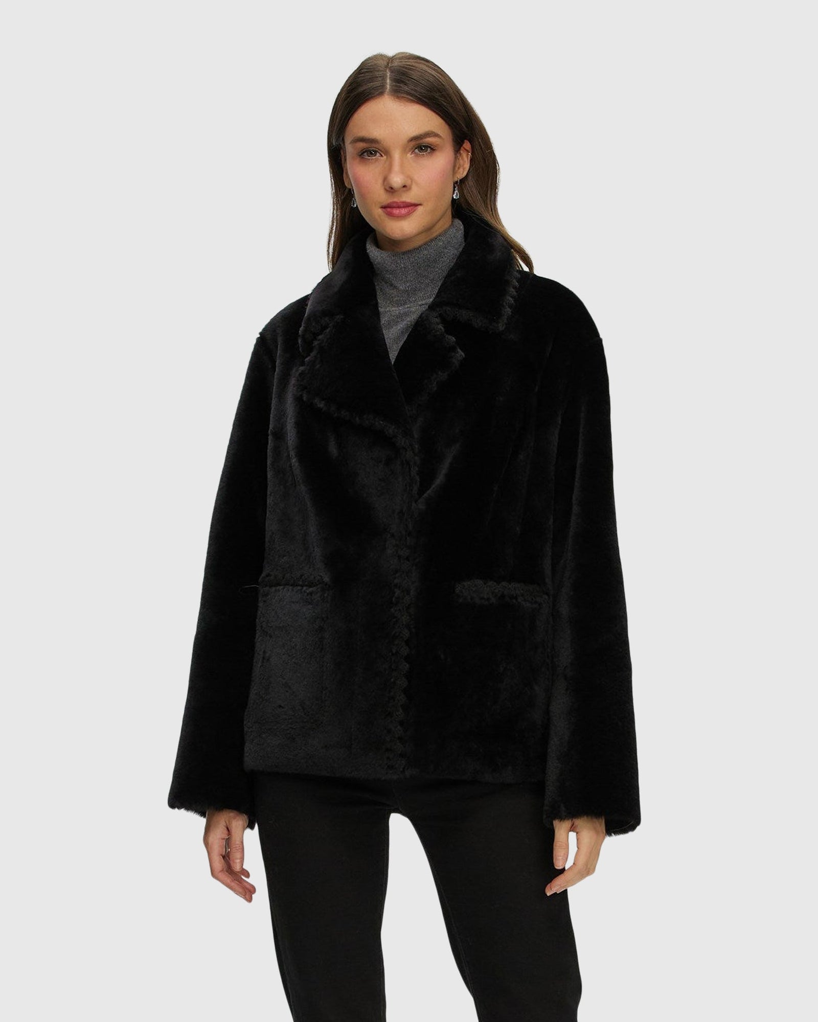 Reversible Select Shearling Lamb Jacket With Embroidered Trim | Black/Black