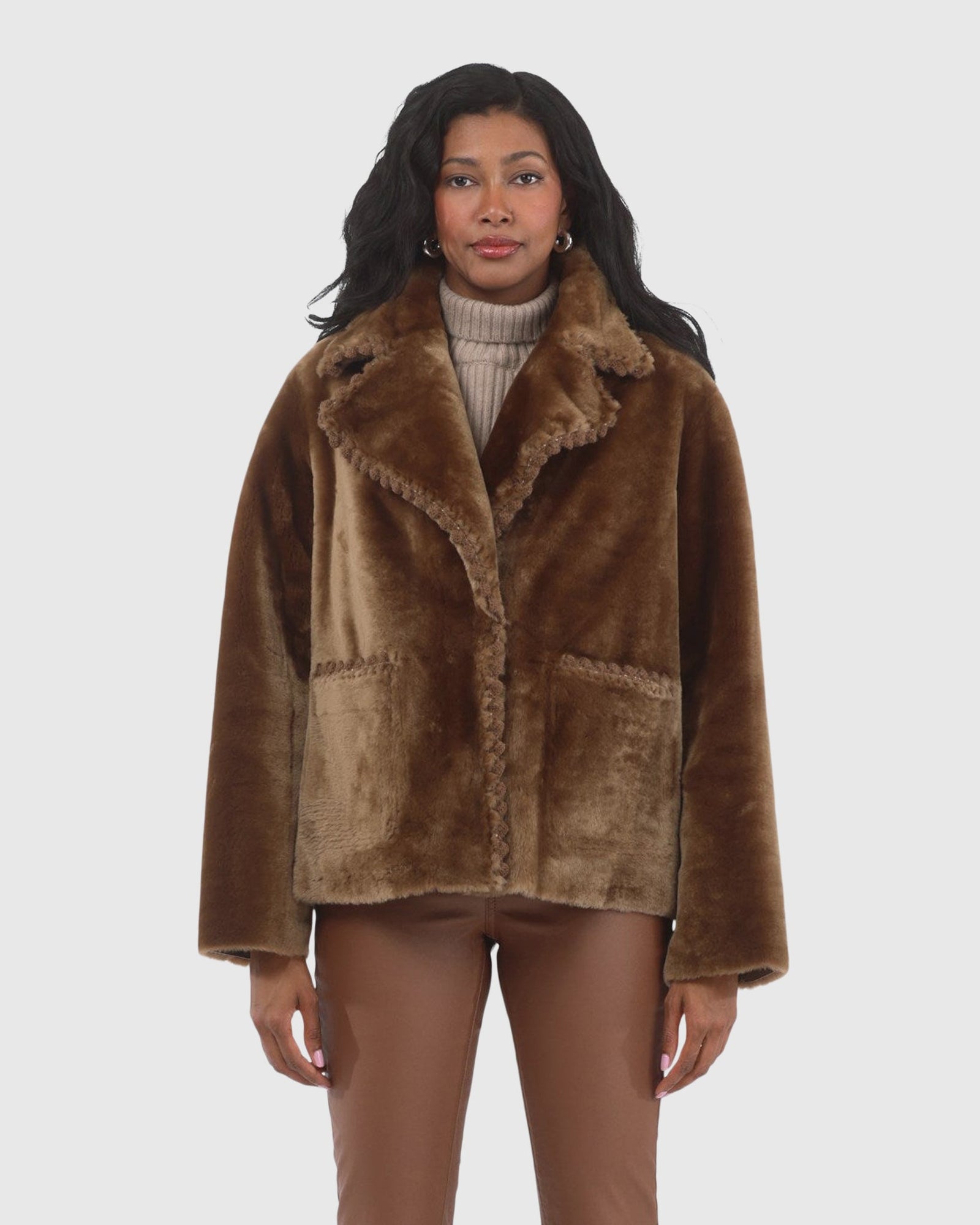Reversible Select Shearling Lamb Jacket With Embroidered Trim | Camel/Camel