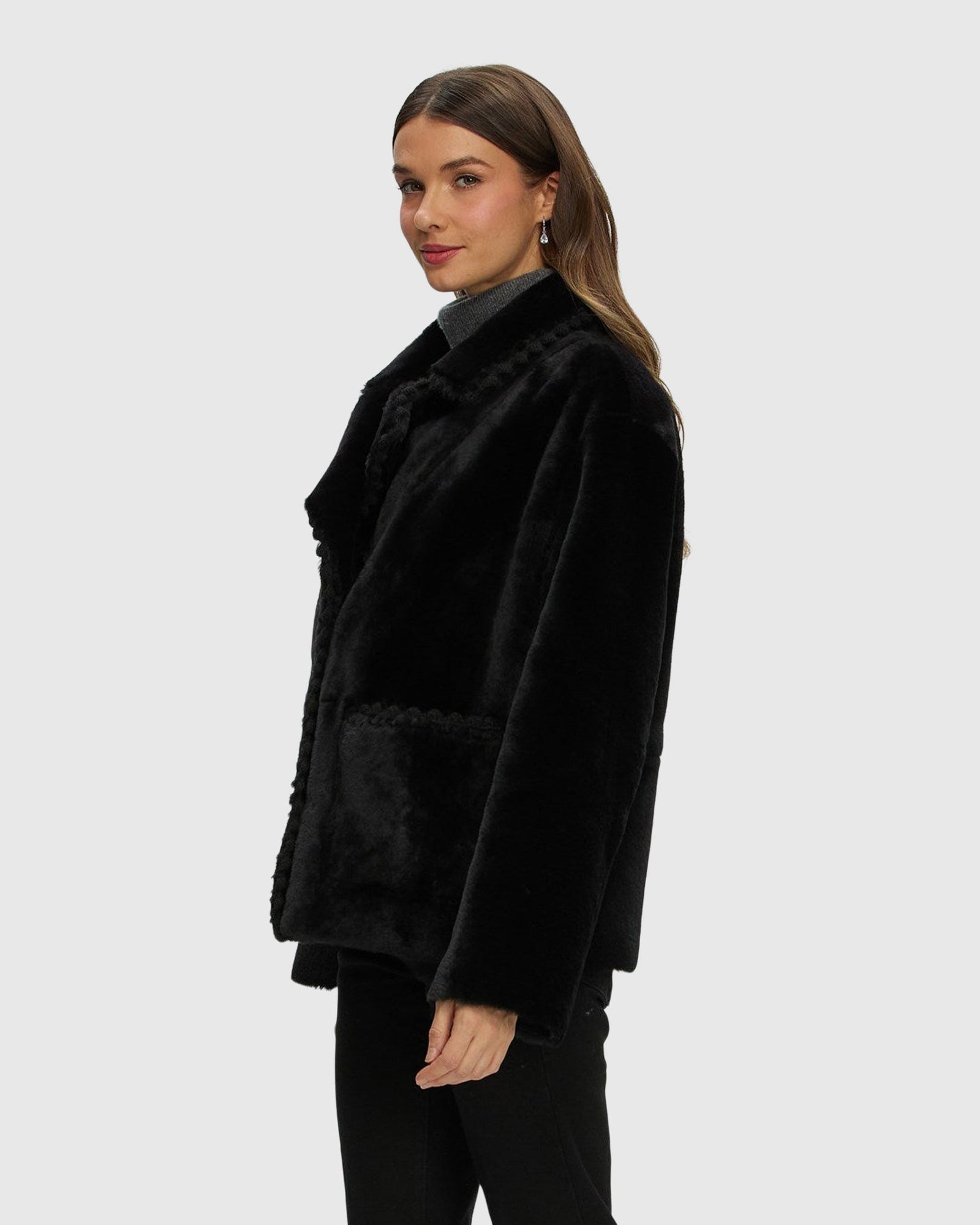 Reversible Select Shearling Lamb Jacket With Embroidered Trim | Black/Black