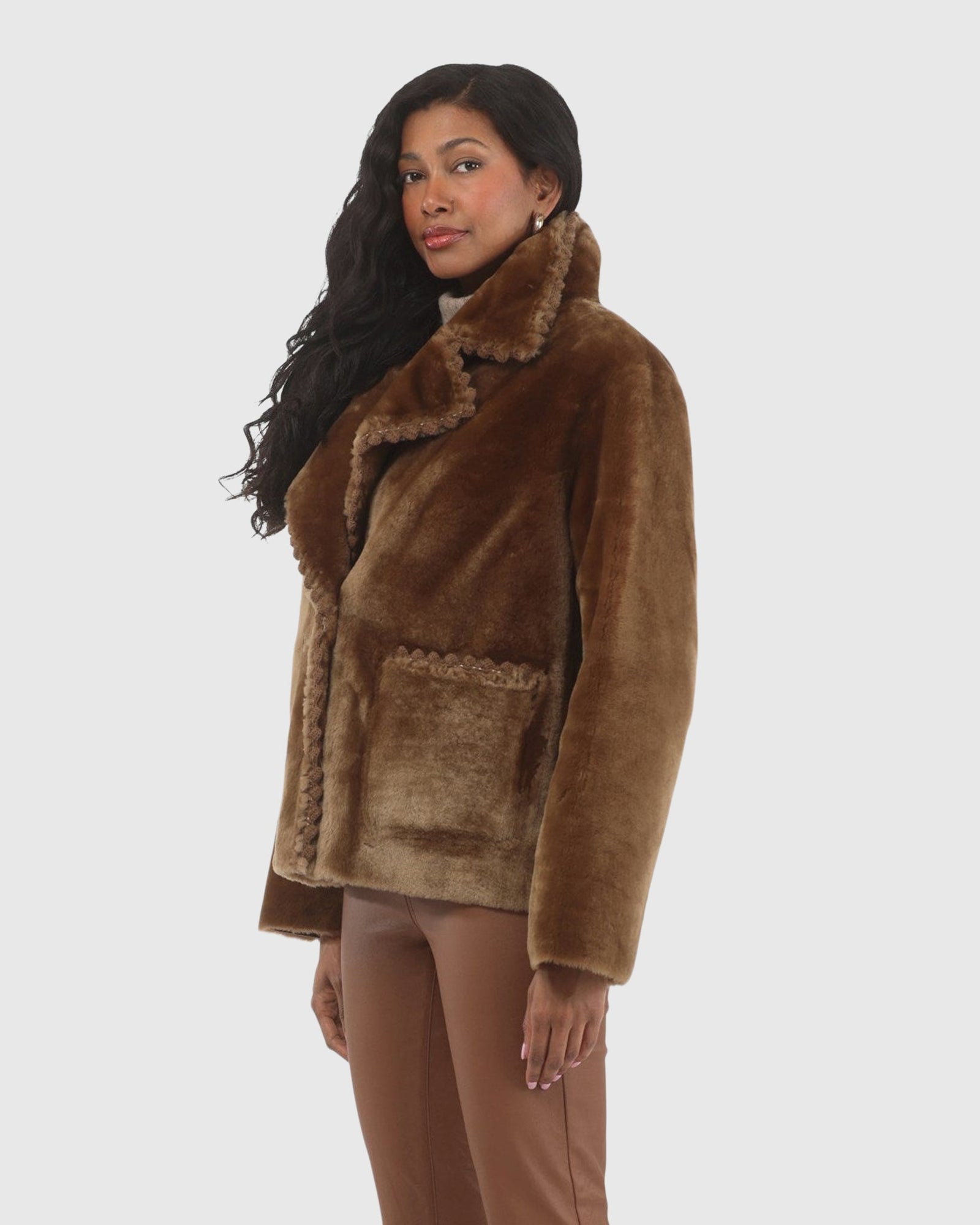 Reversible Select Shearling Lamb Jacket With Embroidered Trim | Camel/Camel