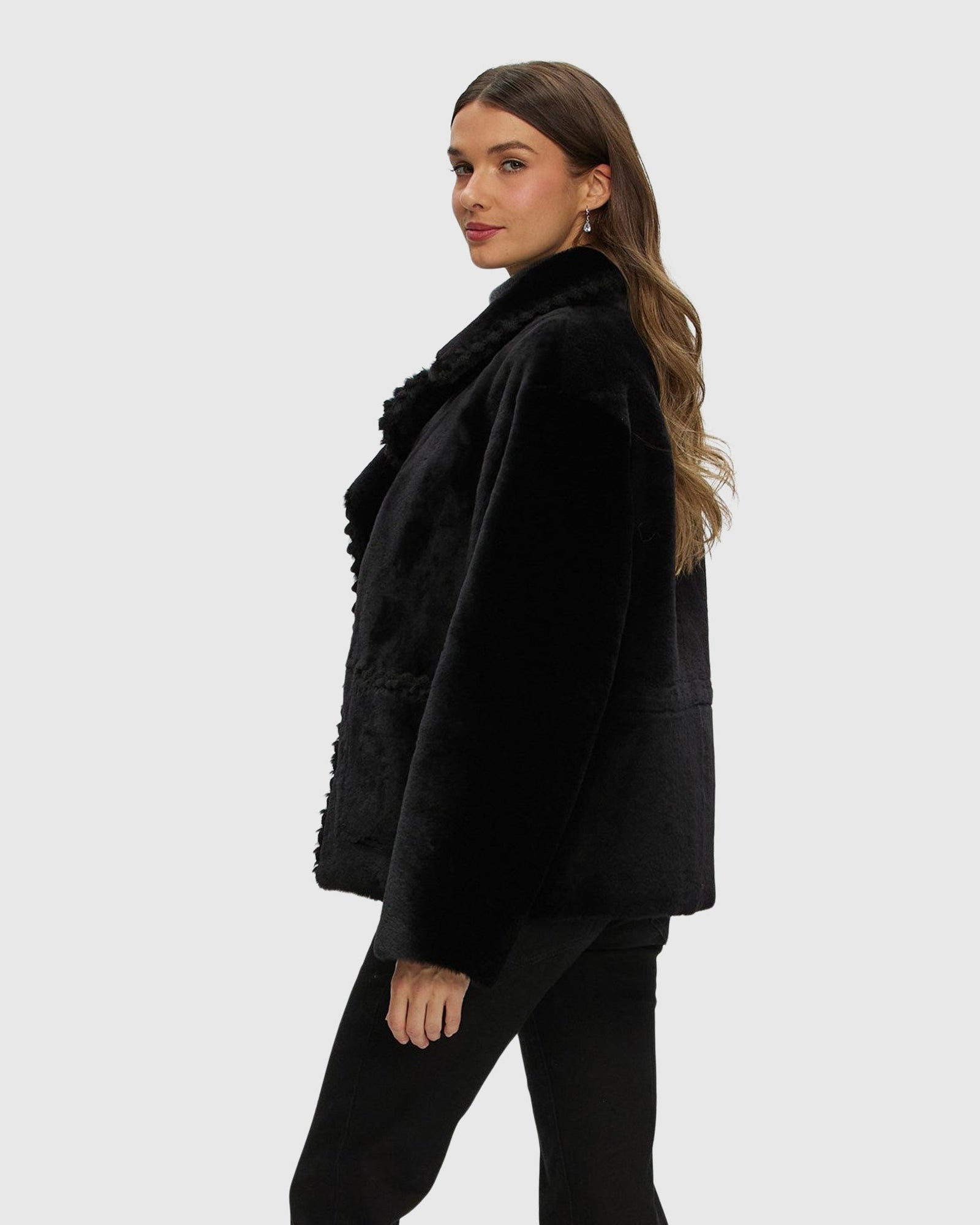 Reversible Select Shearling Lamb Jacket With Embroidered Trim | Black/Black