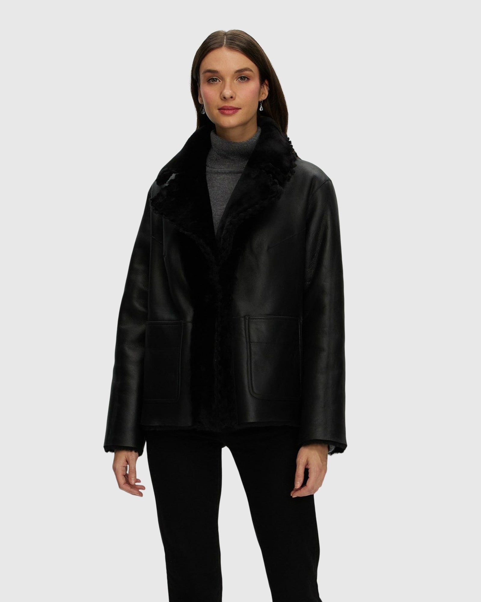 Reversible Select Shearling Lamb Jacket With Embroidered Trim | Black/Black