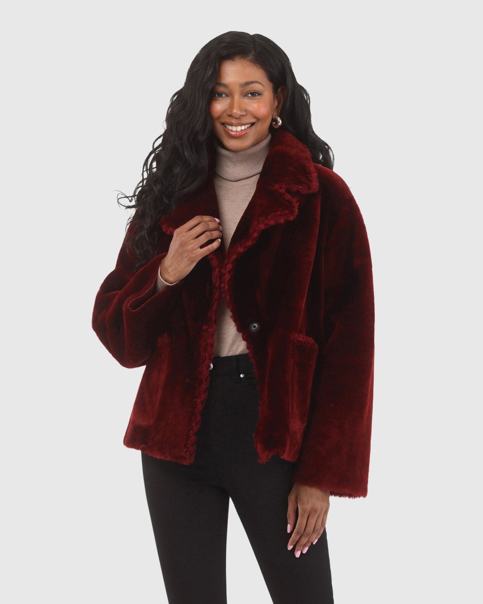 Reversible Select Shearling Lamb Jacket With Embroidered Trim | Wine/Wine