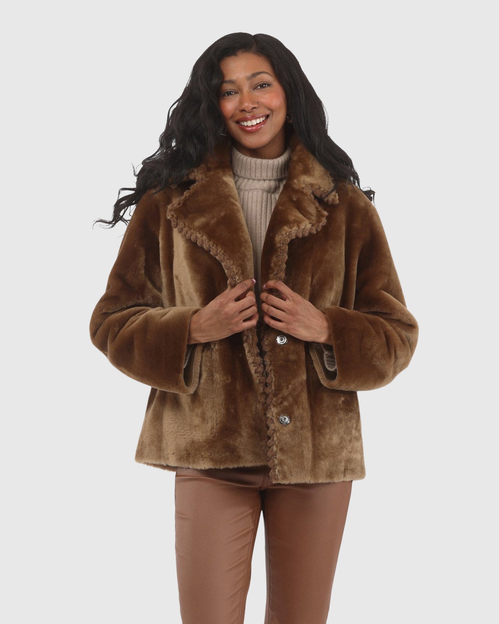 Reversible Select Shearling Lamb Jacket With Embroidered Trim | Camel/Camel