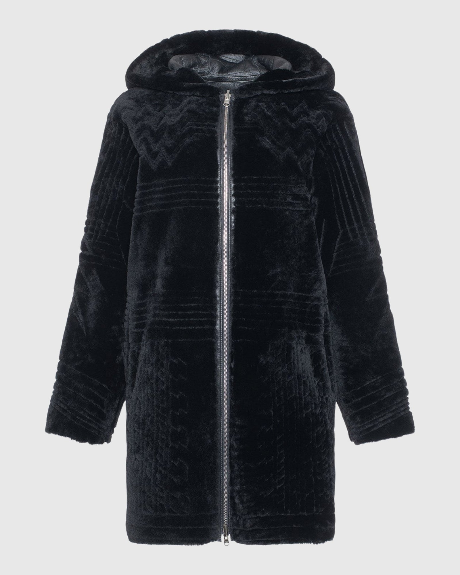Reversible Select Shearling Lamb Parka With Grooved Pattern | Black