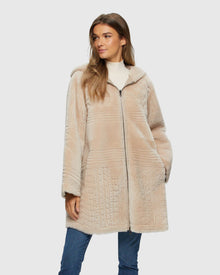 Reversible Select Shearling Lamb Parka With Grooved Pattern | Beige