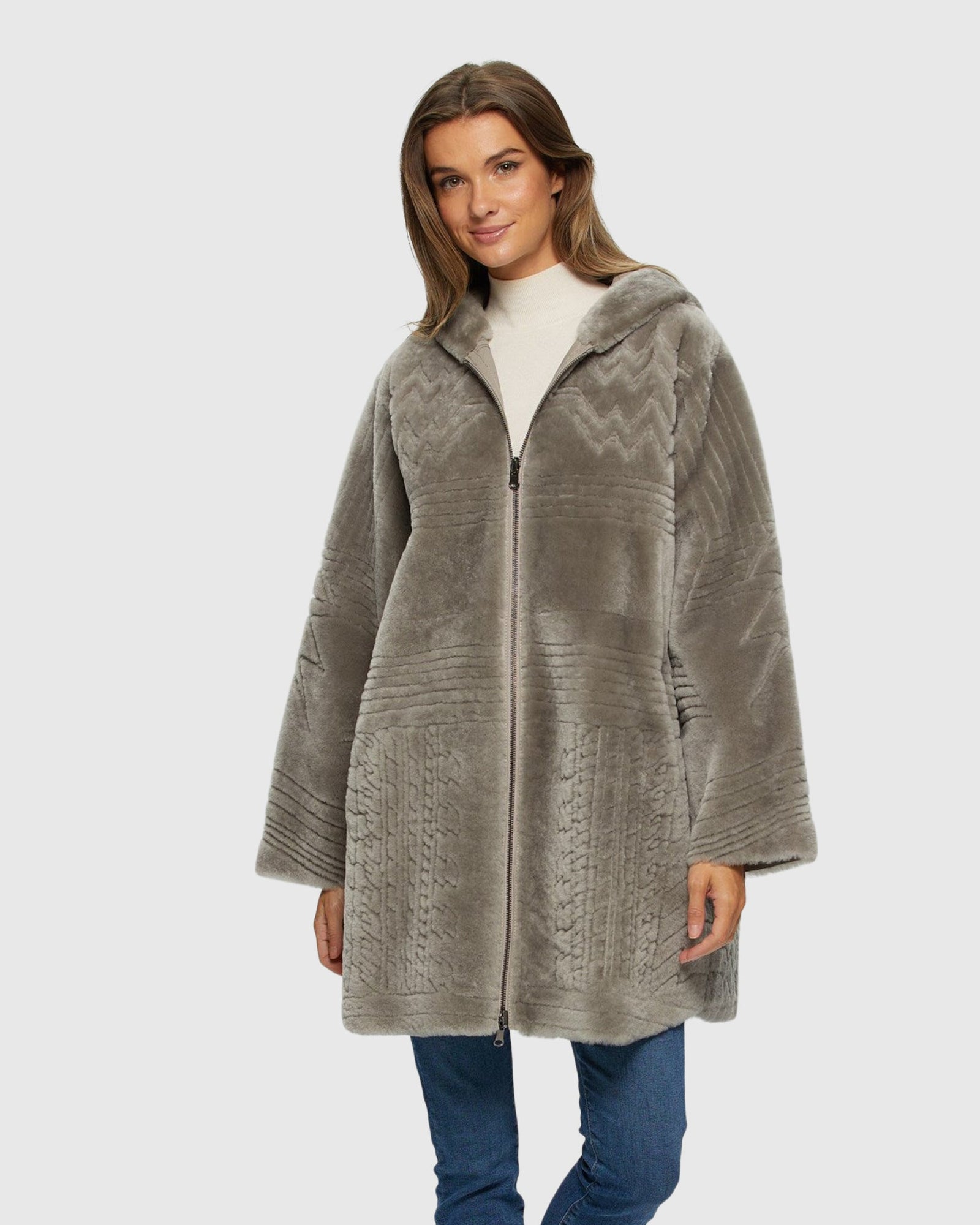 Reversible Select Shearling Lamb Parka With Grooved Pattern | Light Gray