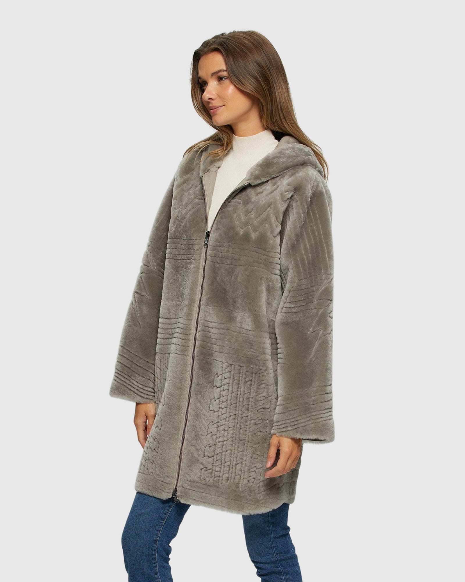 Reversible Select Shearling Lamb Parka With Grooved Pattern | Light Gray
