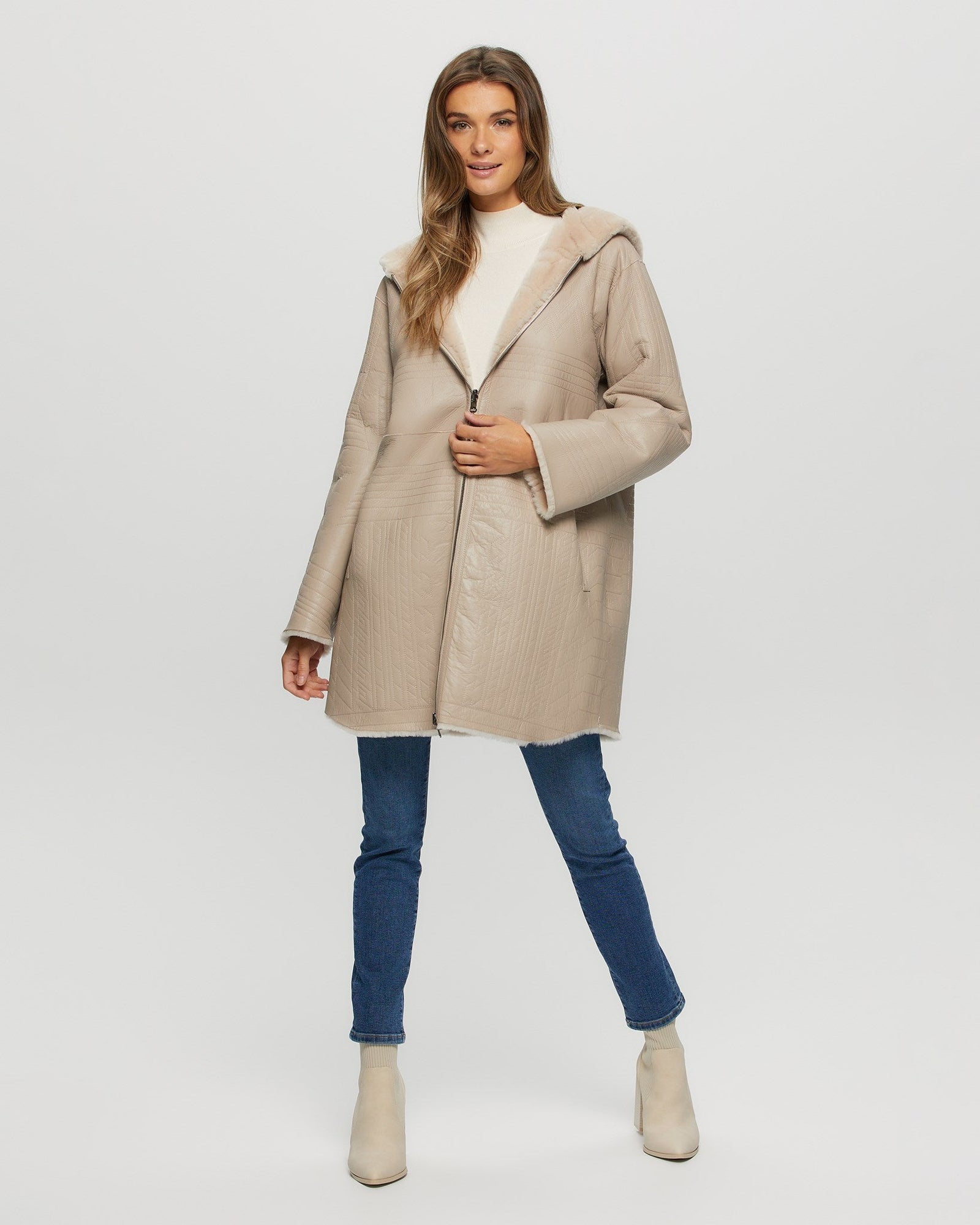 Reversible Select Shearling Lamb Parka With Grooved Pattern | Women | Beige