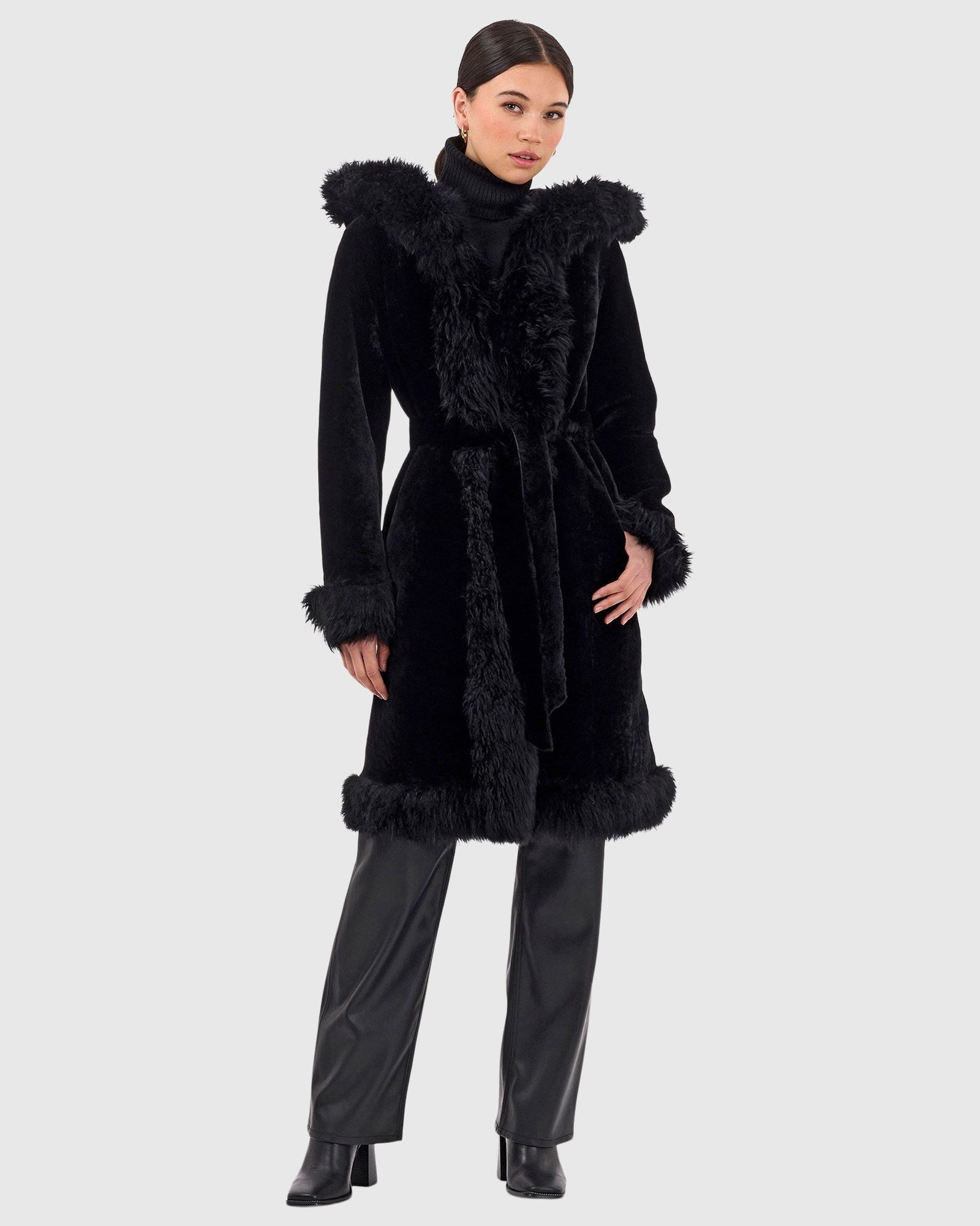 Reversible Select Shearling Lamb Parka With Long Hair Merino Trim And Belt | Black/Black