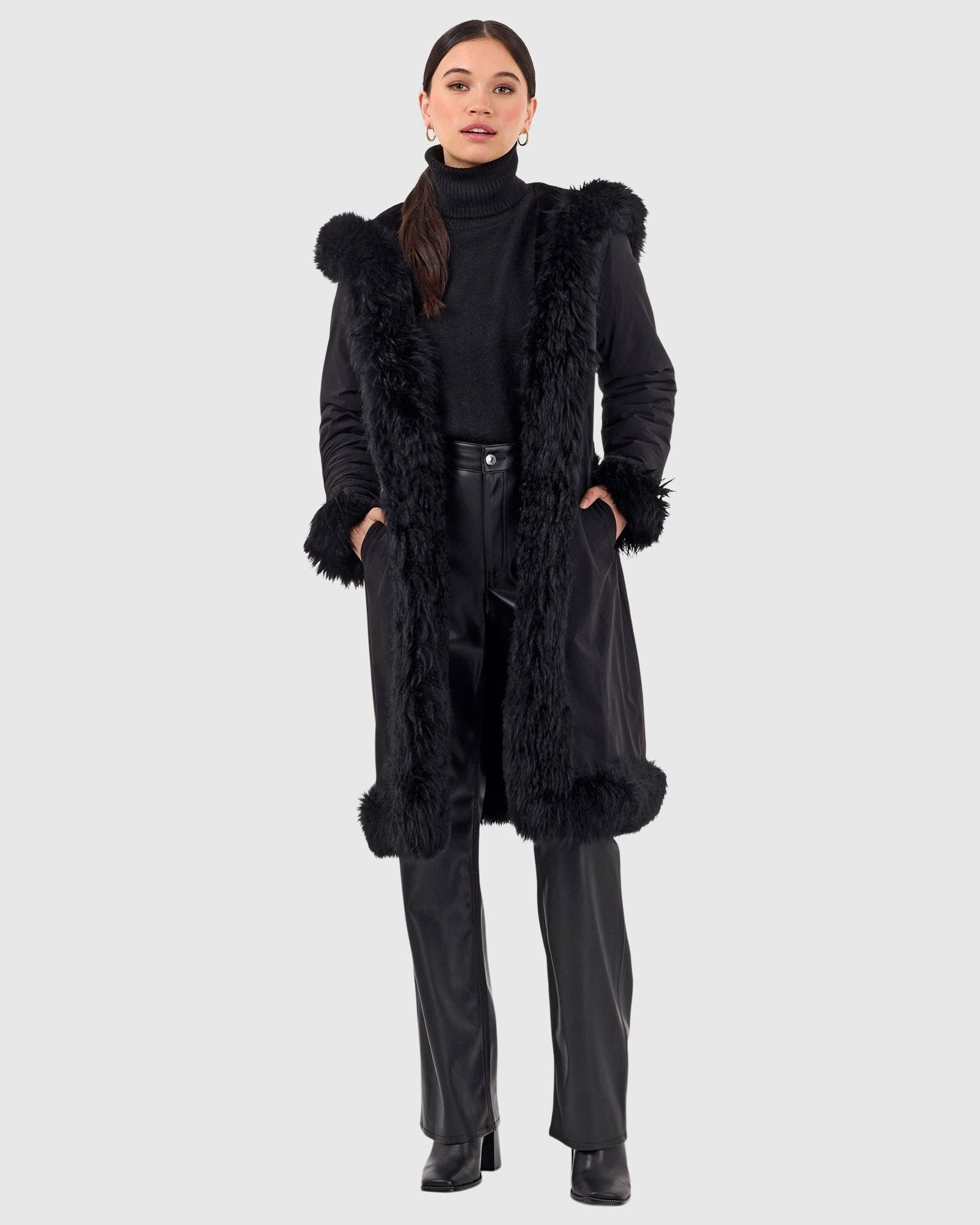 Reversible Select Shearling Lamb Parka With Long Hair Merino Trim And Belt | Black/Black