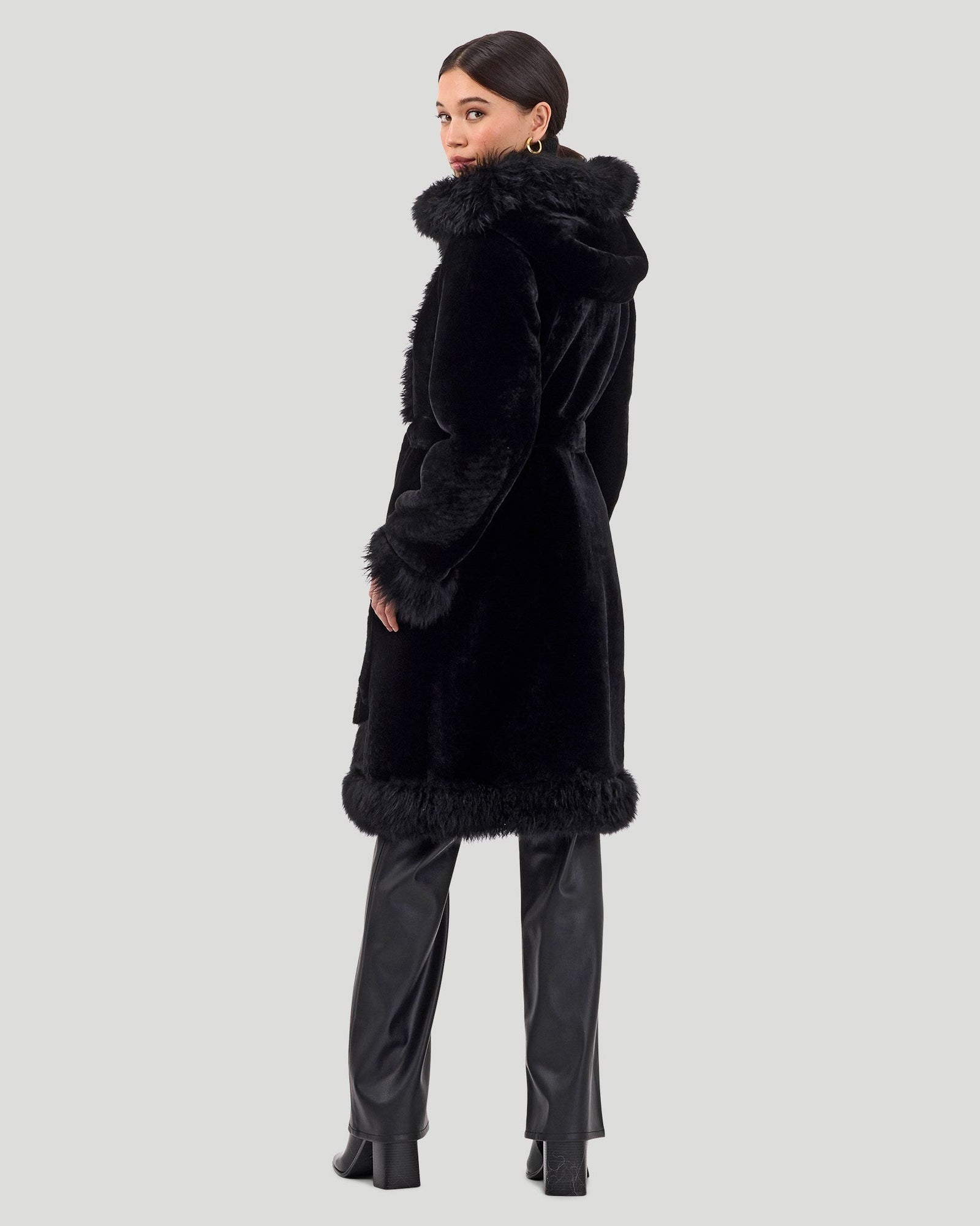 Reversible Select Shearling Lamb Parka With Long Hair Merino Trim And Belt | Women | Black x Black