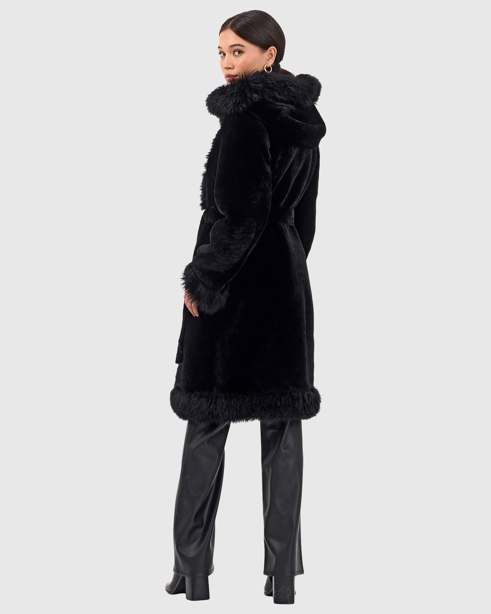 Reversible Select Shearling Lamb Parka With Long Hair Merino Trim And Belt | Black/Black