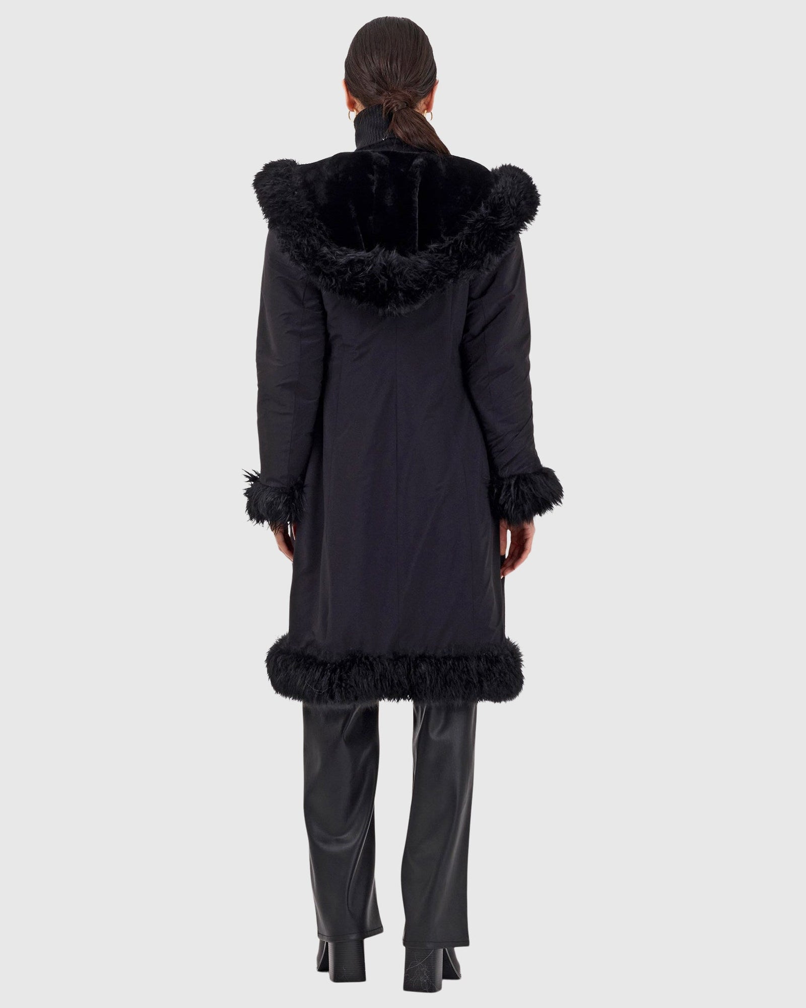 Reversible Select Shearling Lamb Parka With Long Hair Merino Trim And Belt | Black/Black