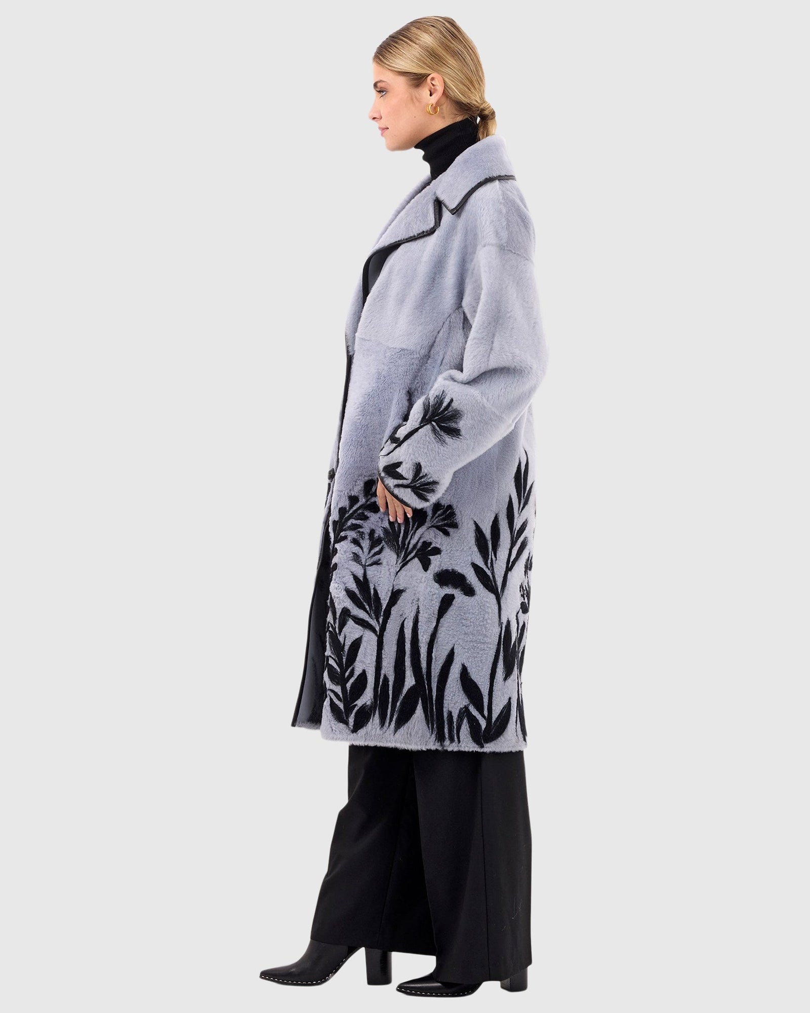 Reversible Select Shearling Lamb Short Coat With Floral Embroidery | Periwinkle/Black Floral