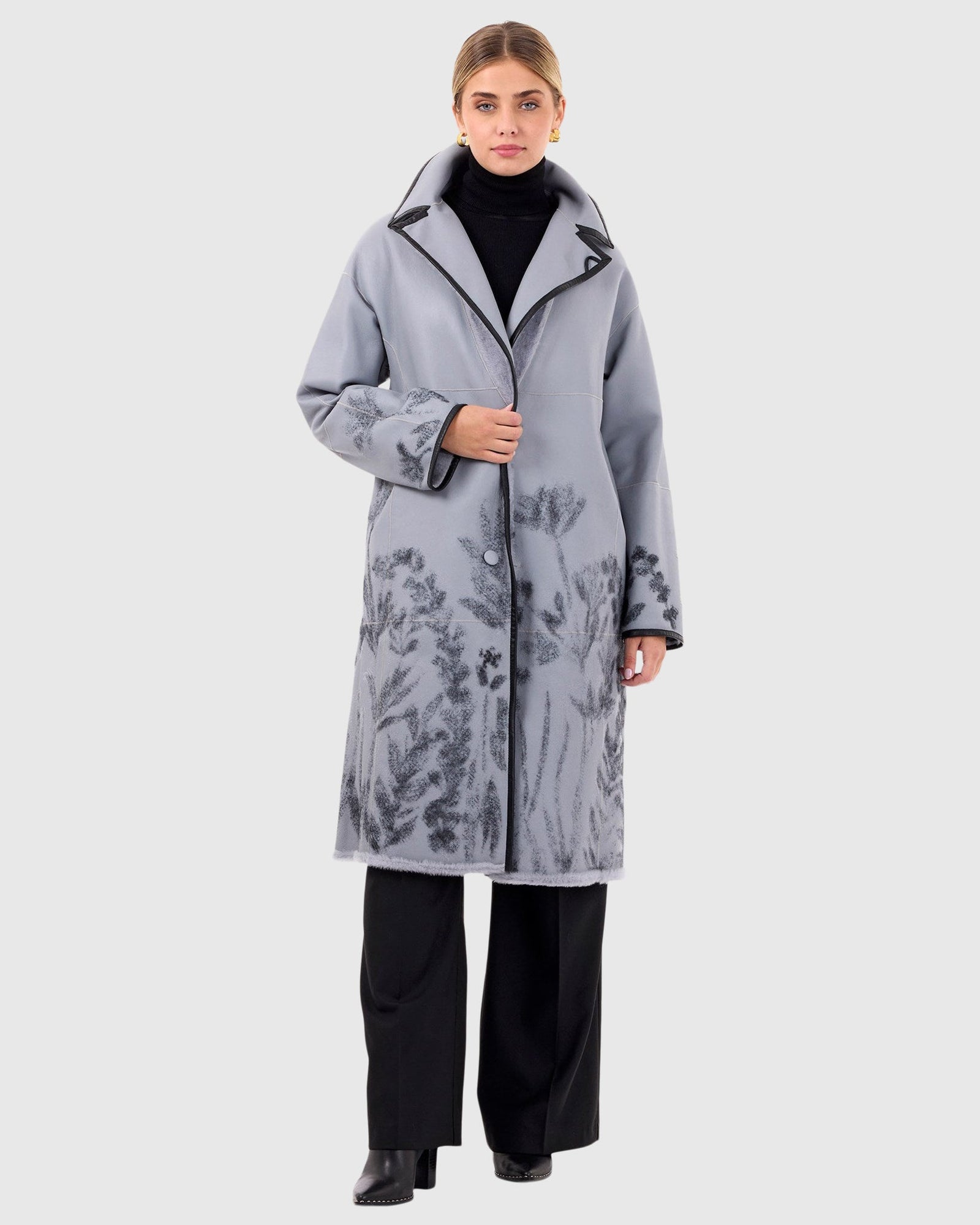 Reversible Select Shearling Lamb Short Coat With Floral Embroidery | Periwinkle/Black Floral