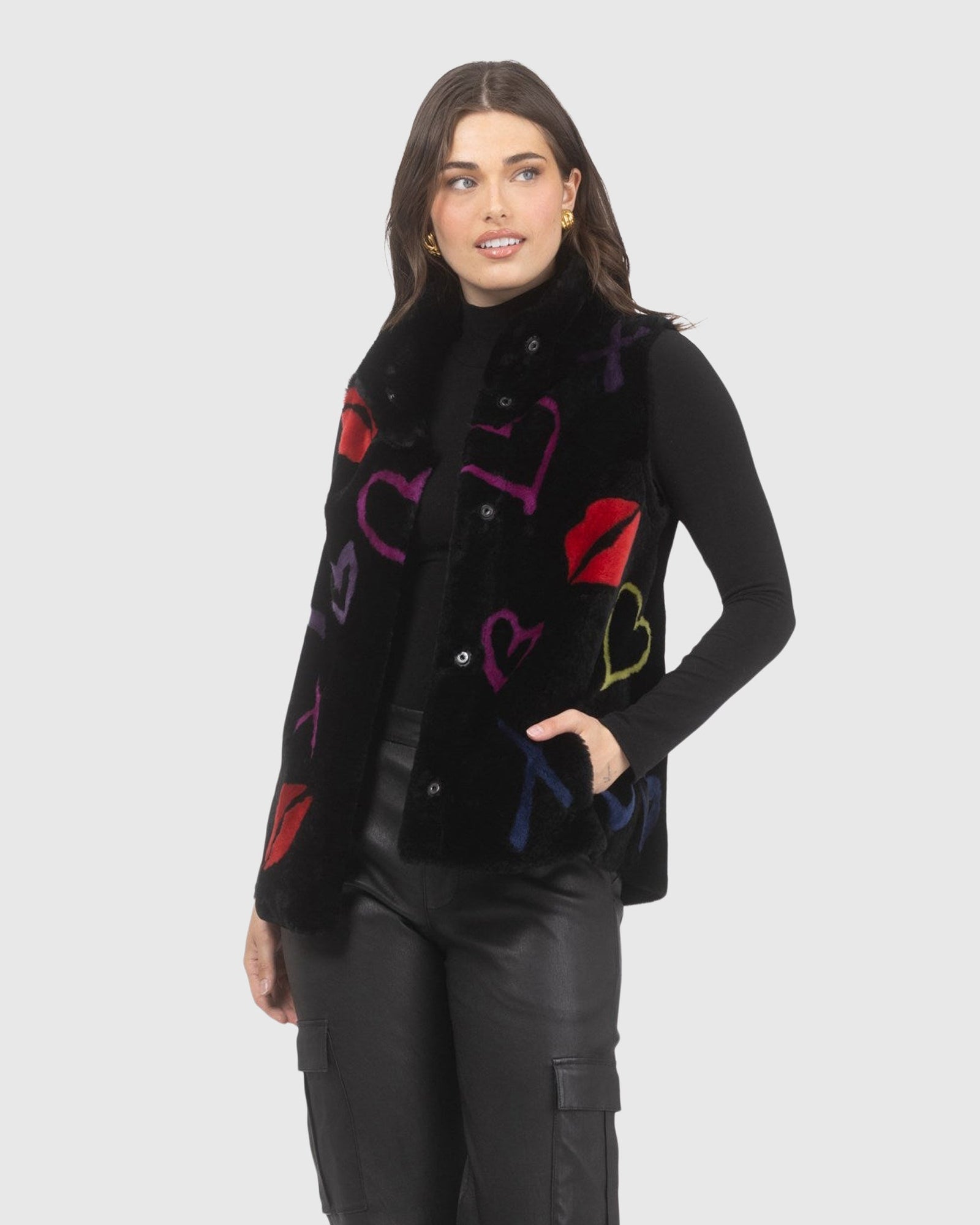 Reversible Select Shearling Lamb Vest | Black/Xo Multi