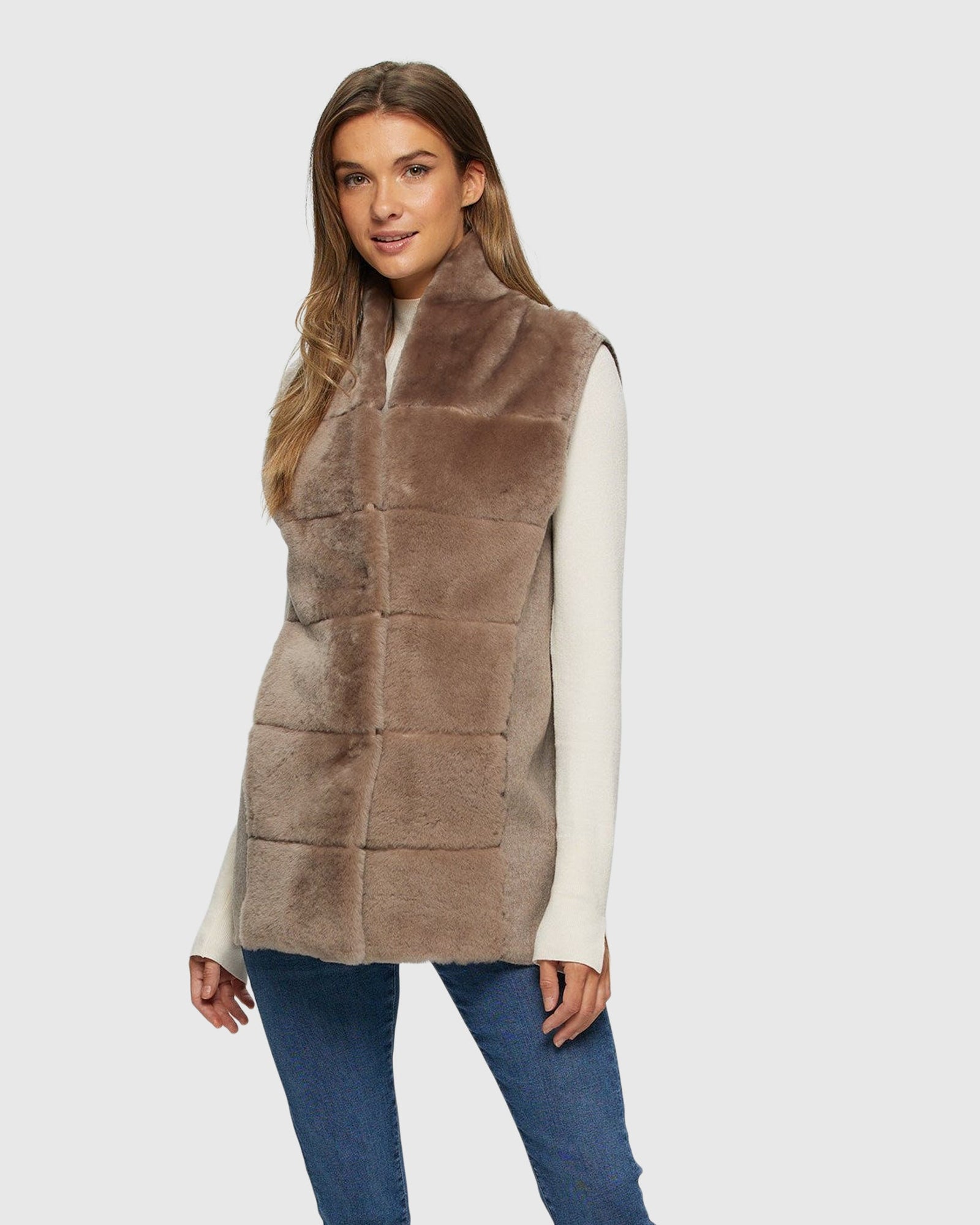 Reversible Select Shearling Lamb Vest with Cashmere & Wool Back and Belt | Taupe
