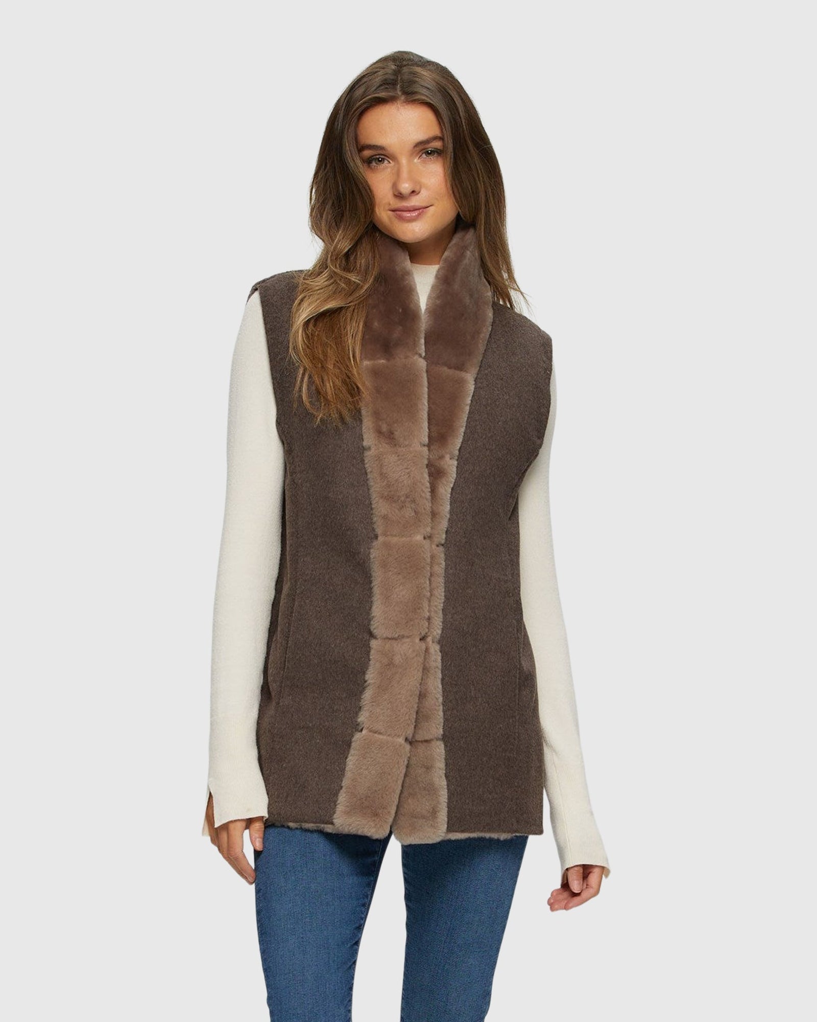 Reversible Select Shearling Lamb Vest with Cashmere & Wool Back and Belt | Taupe