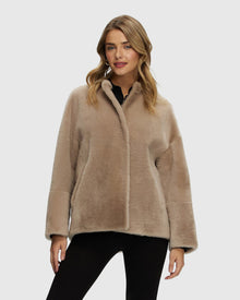 Reversible Shearling Lamb Collarless Jacket | Beige