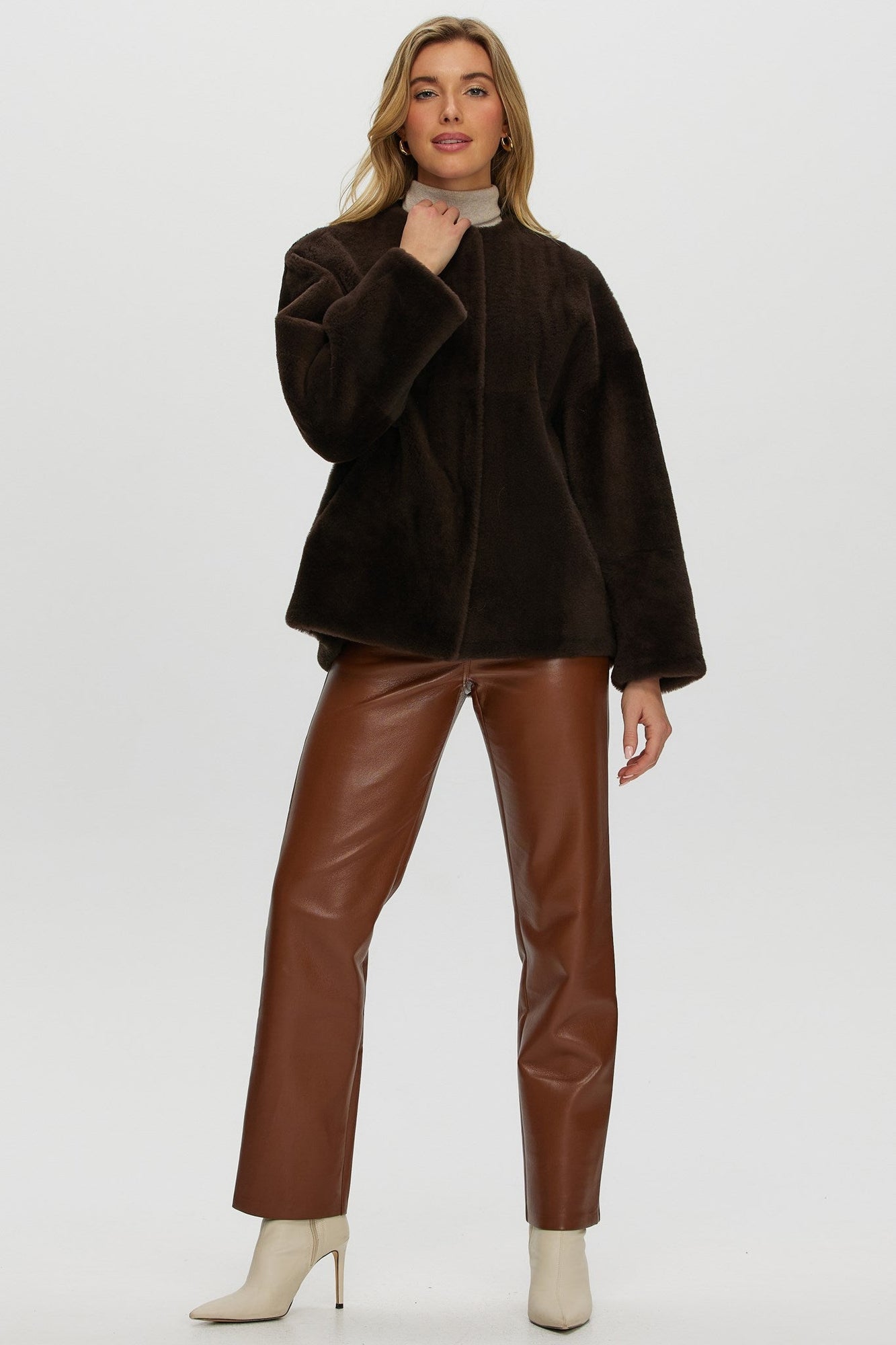 Reversible Shearling Lamb Collarless Jacket | Women | Dark Brown