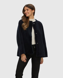 Reversible Shearling Lamb Collarless Jacket | Navy