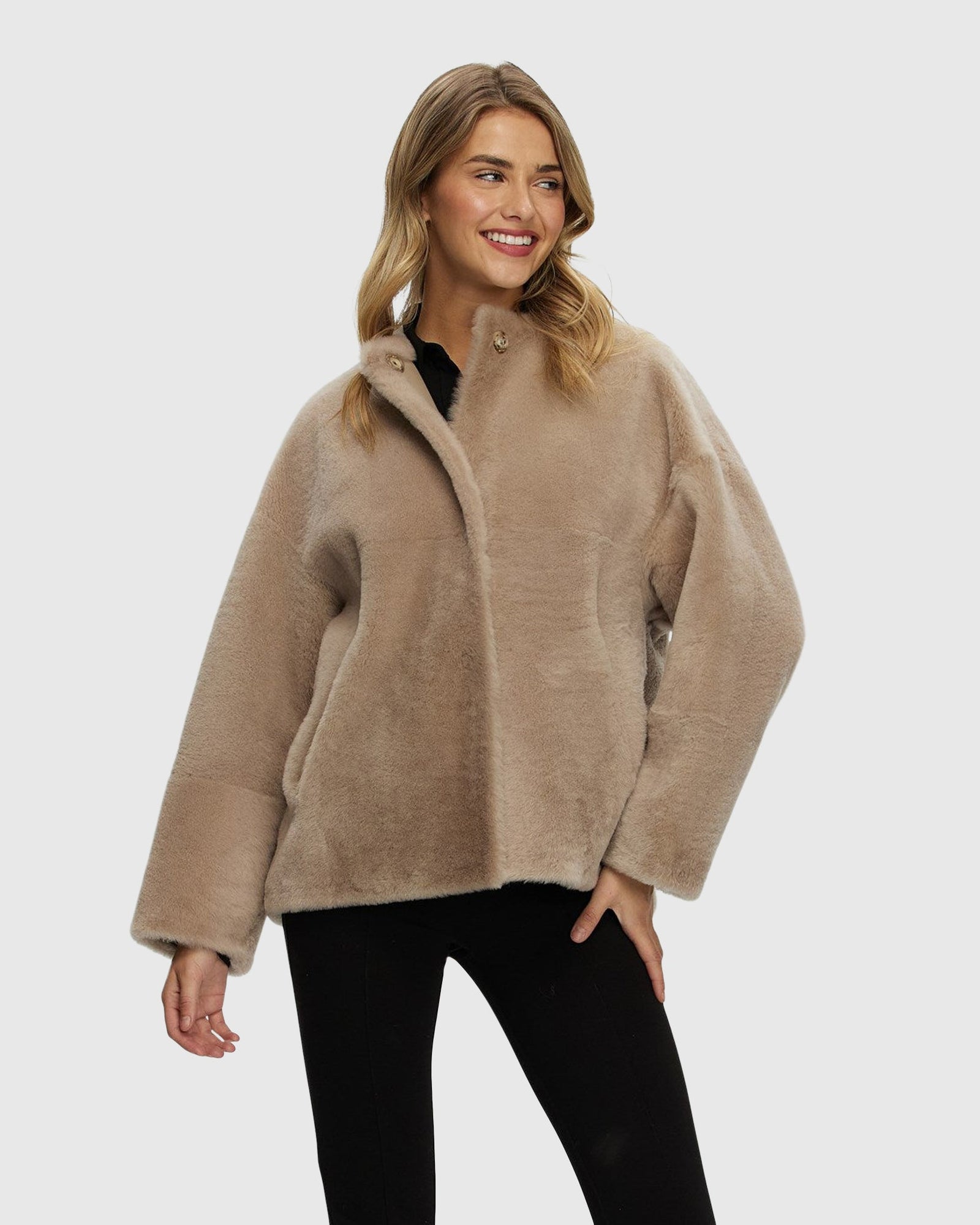 Reversible Shearling Lamb Collarless Jacket | Beige
