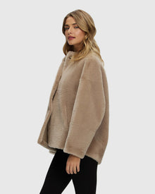 Reversible Shearling Lamb Collarless Jacket | Beige