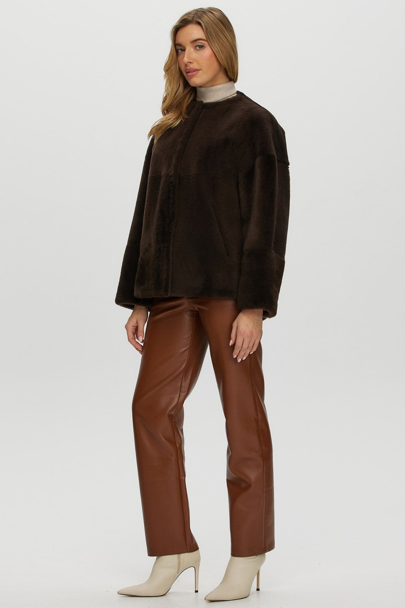 Reversible Shearling Lamb Collarless Jacket | Women | Dark Brown