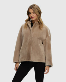 Reversible Shearling Lamb Collarless Jacket | Beige