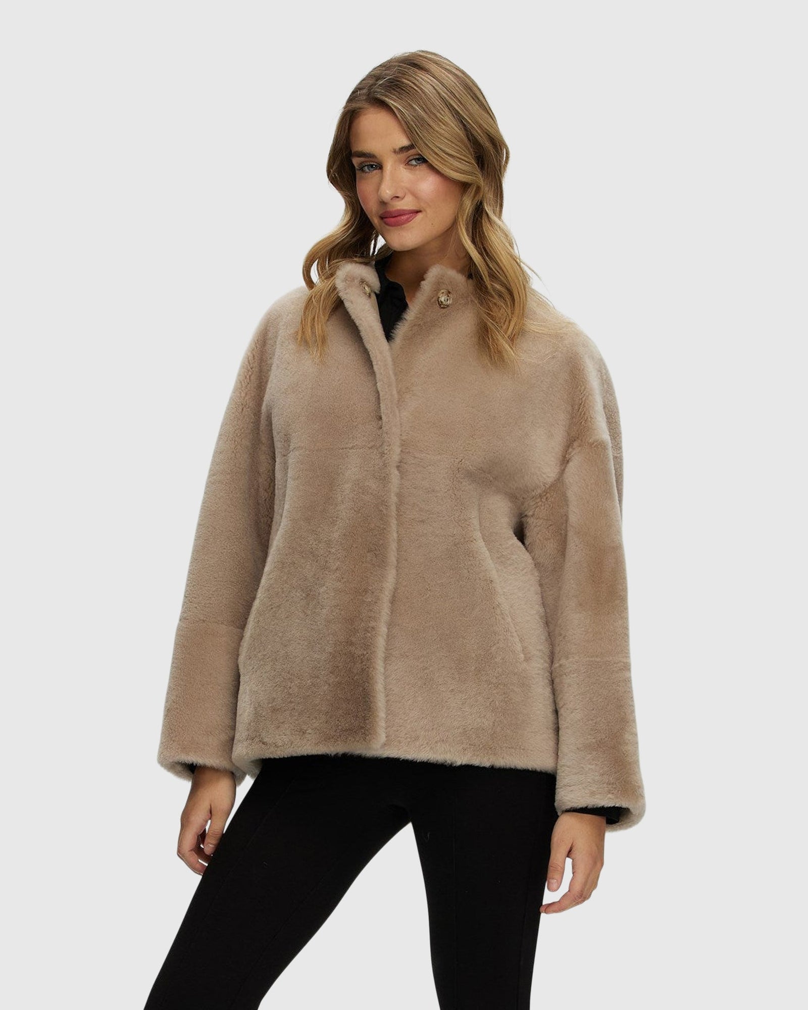 Reversible Shearling Lamb Collarless Jacket | Beige