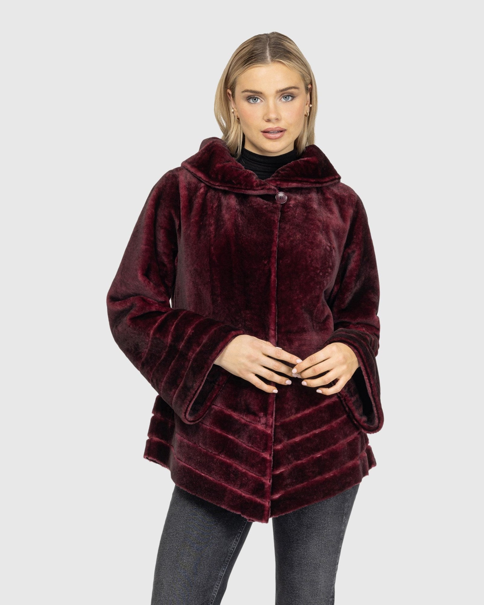 Reversible Shearling Lamb Jacket | Burgundy Tipped