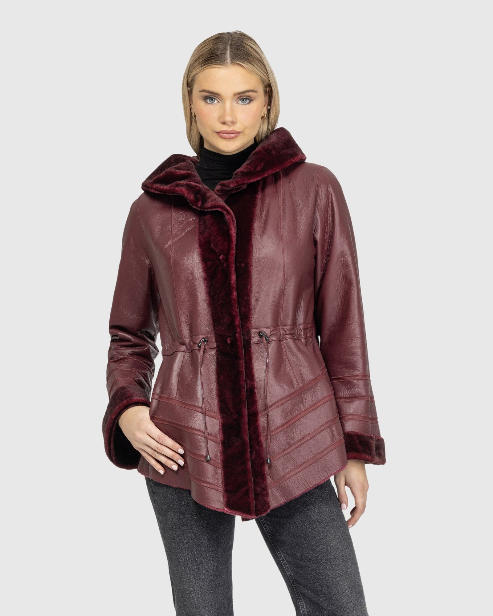 Reversible Shearling Lamb Jacket | Burgundy Tipped