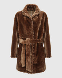 Reversible Shearling Lamb Jacket With Embroiderd Trim, Belt | Camel/Camel