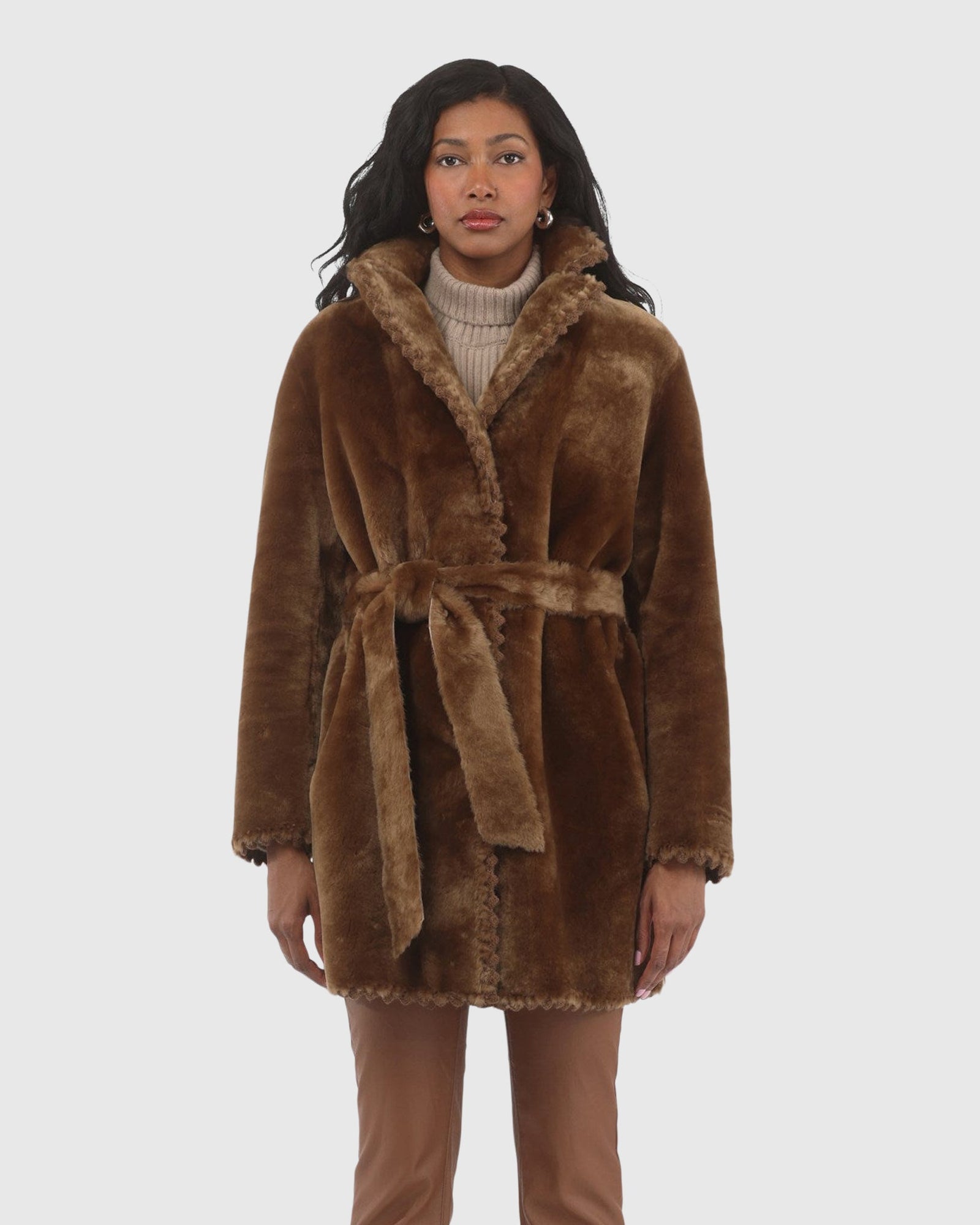 Reversible Shearling Lamb Jacket With Embroiderd Trim, Belt | Camel/Camel