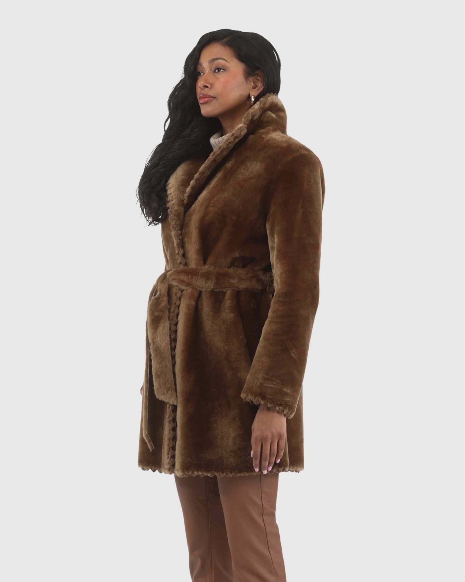 Reversible Shearling Lamb Jacket With Embroiderd Trim, Belt | Camel/Camel