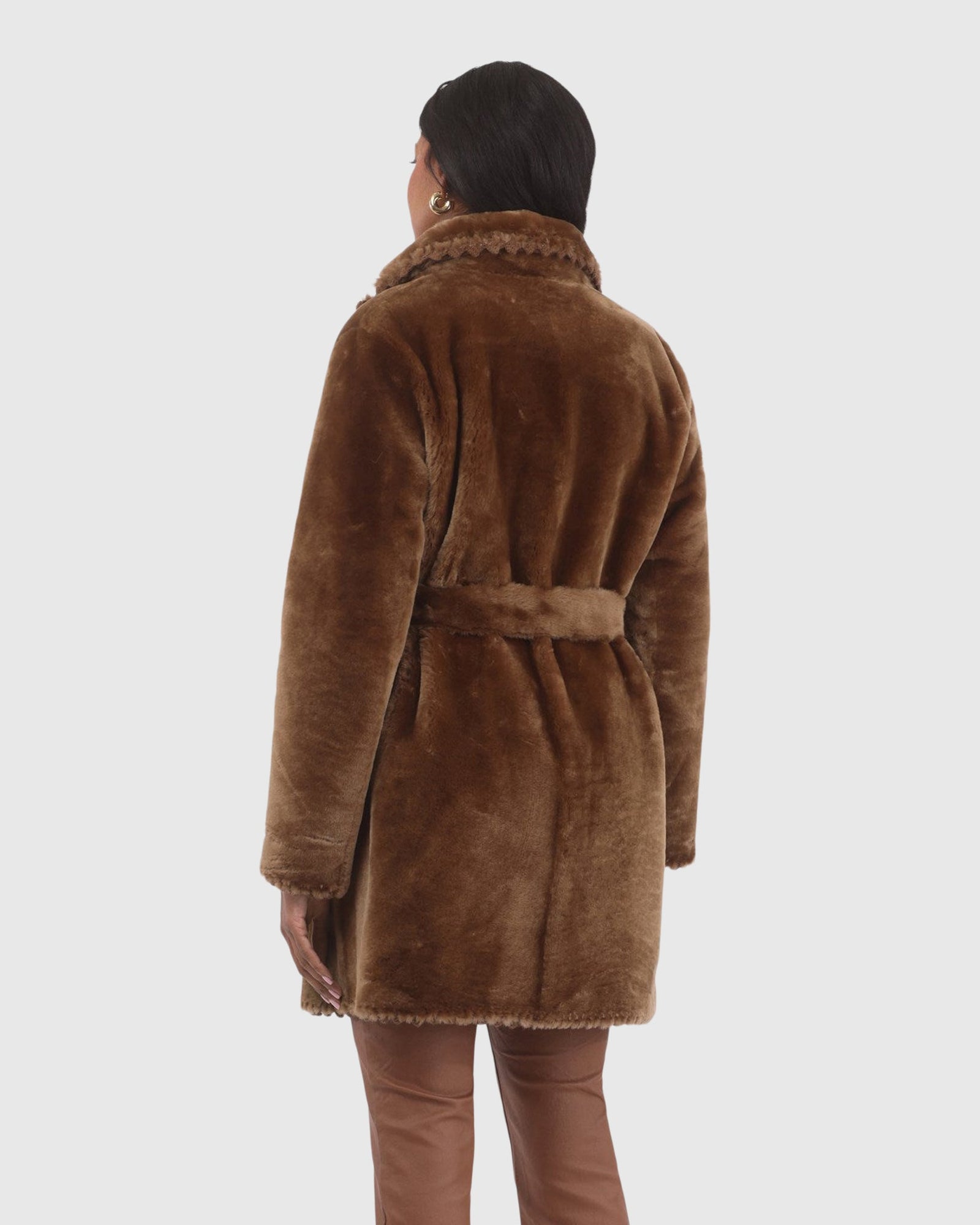 Reversible Shearling Lamb Jacket With Embroiderd Trim, Belt | Camel/Camel