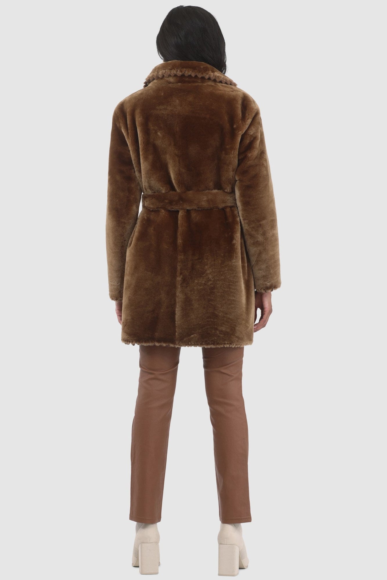 Reversible Shearling Lamb Jacket With Embroiderd Trim, Belt | Women | Camel x Camel