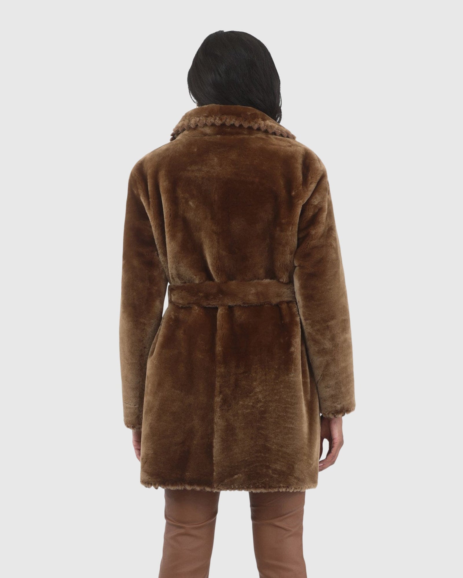 Reversible Shearling Lamb Jacket With Embroiderd Trim, Belt | Camel/Camel