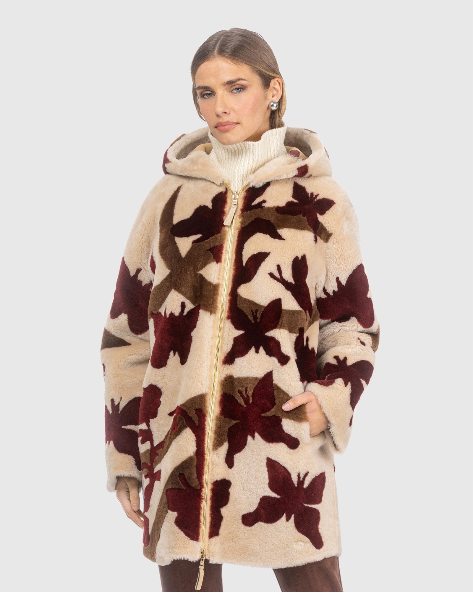 Reversible Shearling Lamb Parka With Butterfly Intarsia | Palomino/Wine/Chestnut