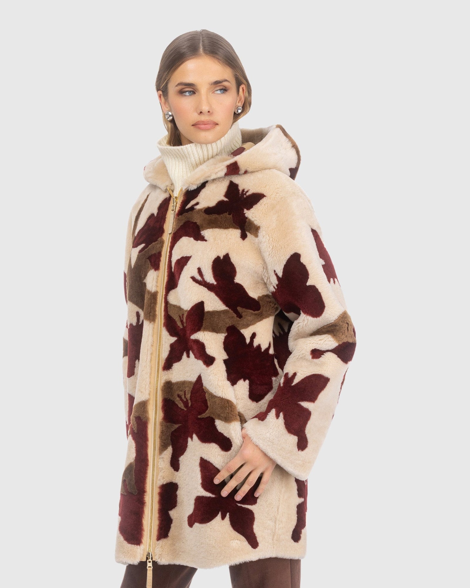 Reversible Shearling Lamb Parka With Butterfly Intarsia | Palomino/Wine/Chestnut