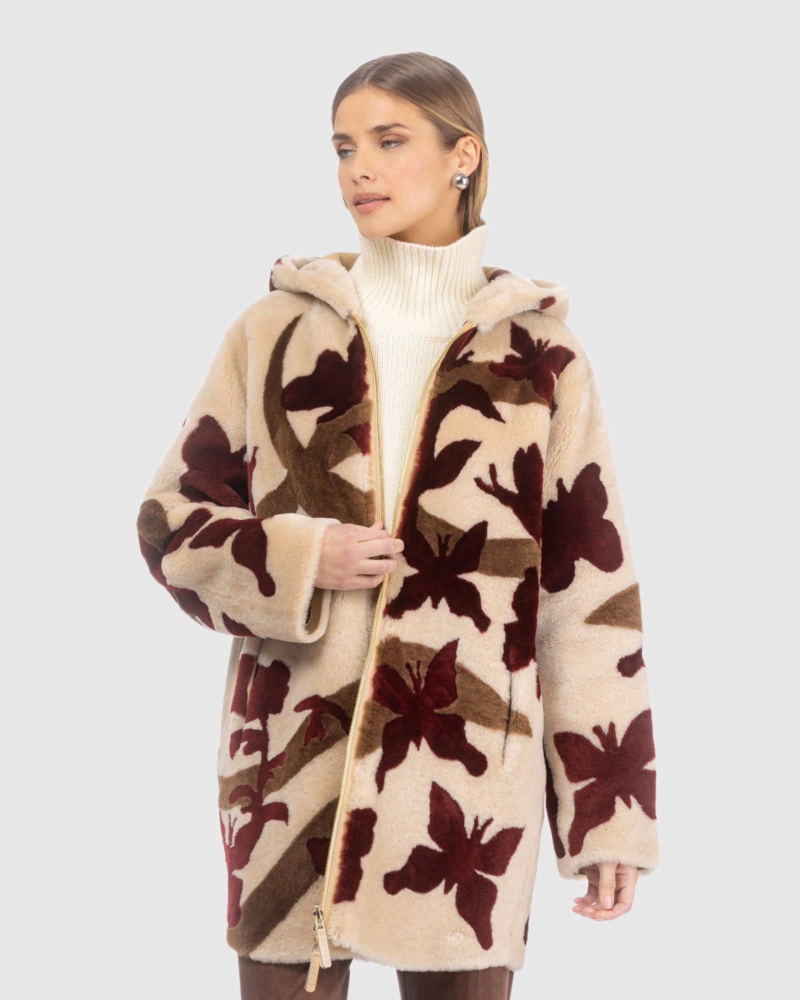 Reversible Shearling Lamb Parka With Butterfly Intarsia | Palomino/Wine/Chestnut