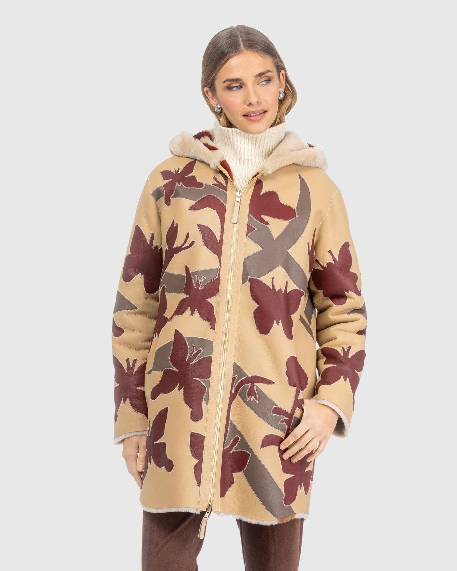 Reversible Shearling Lamb Parka With Butterfly Intarsia | Palomino/Wine/Chestnut