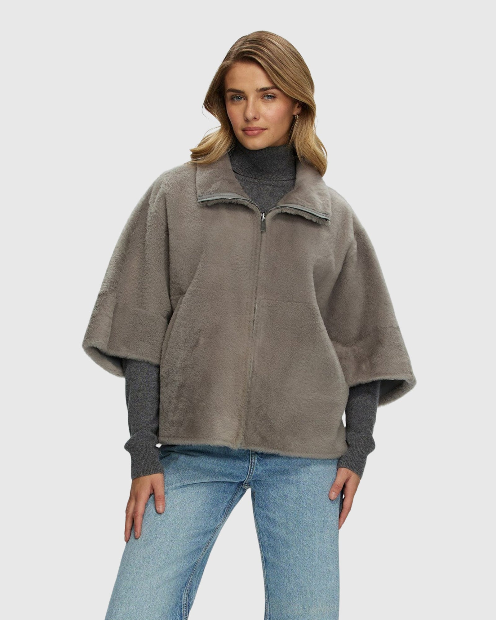 Reversible Shearling Lamb Short Sleeve Zip Cape | Gray