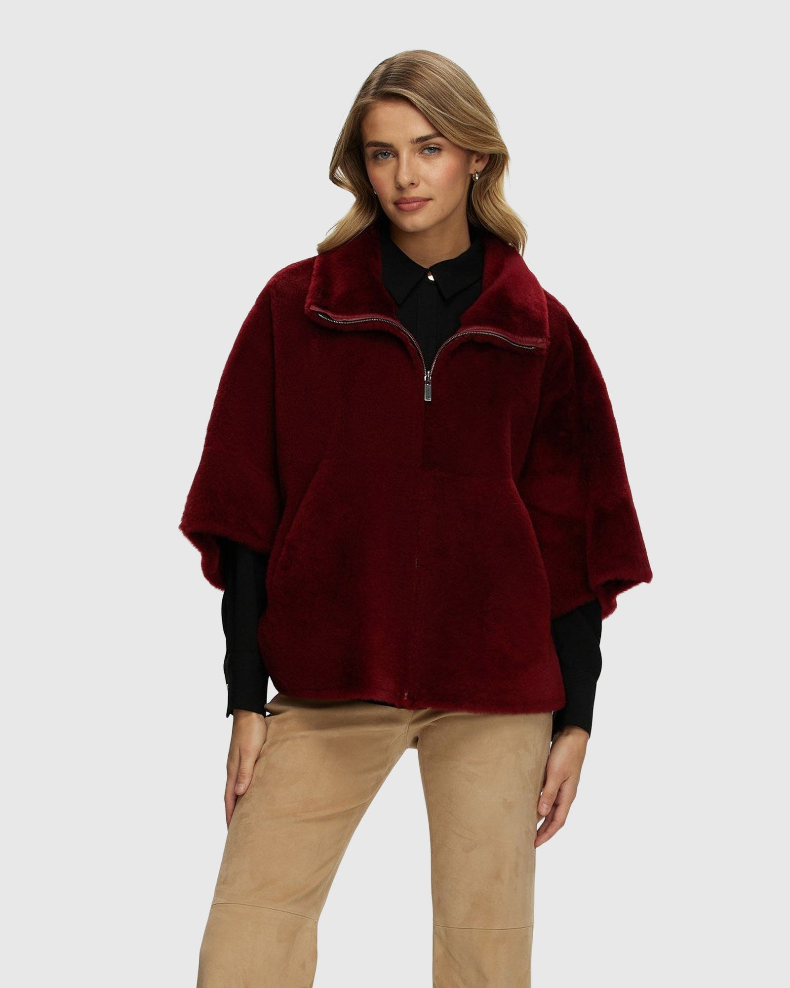 Reversible Shearling Lamb Short Sleeve Zip Cape | Red