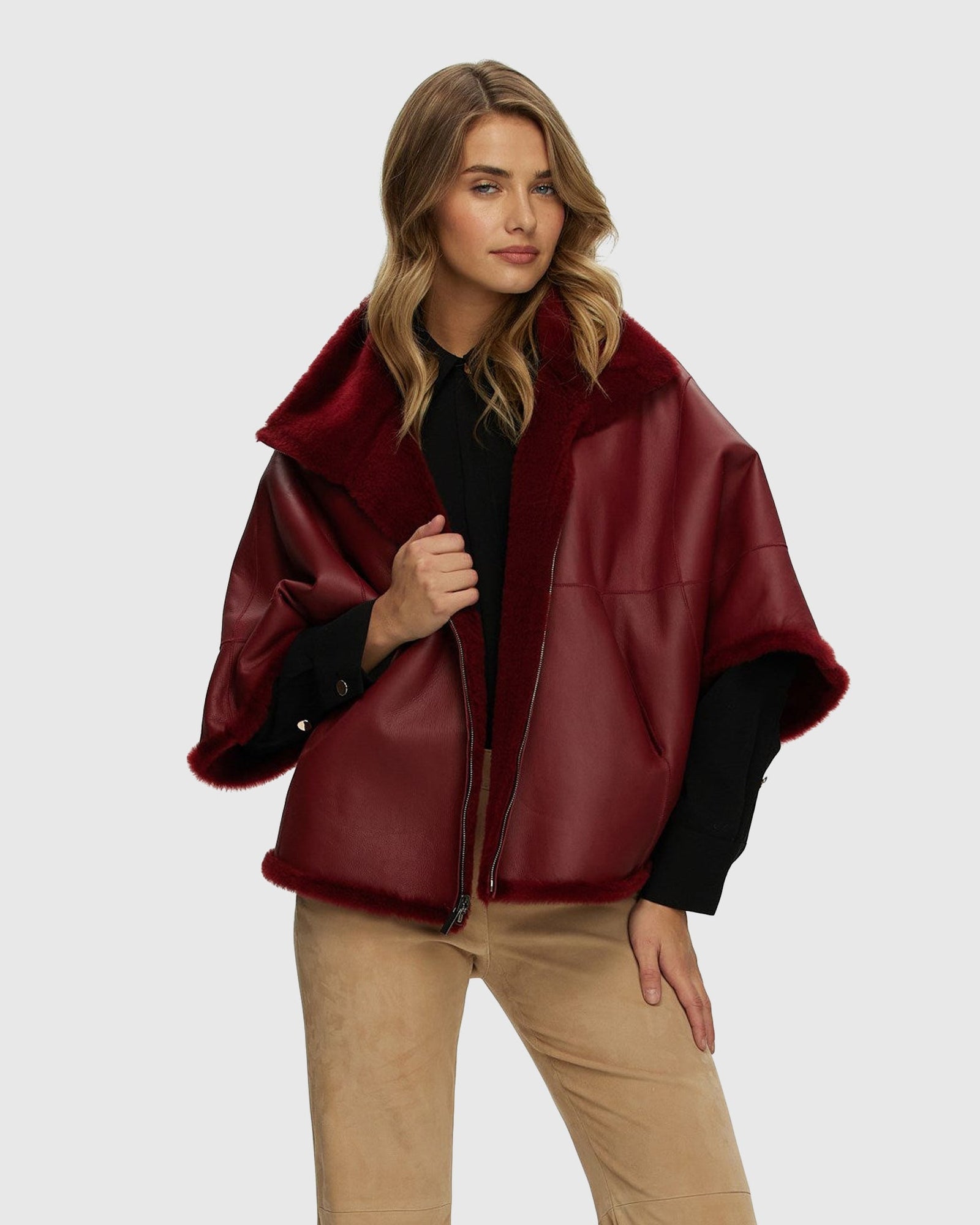 Reversible Shearling Lamb Short Sleeve Zip Cape | Red