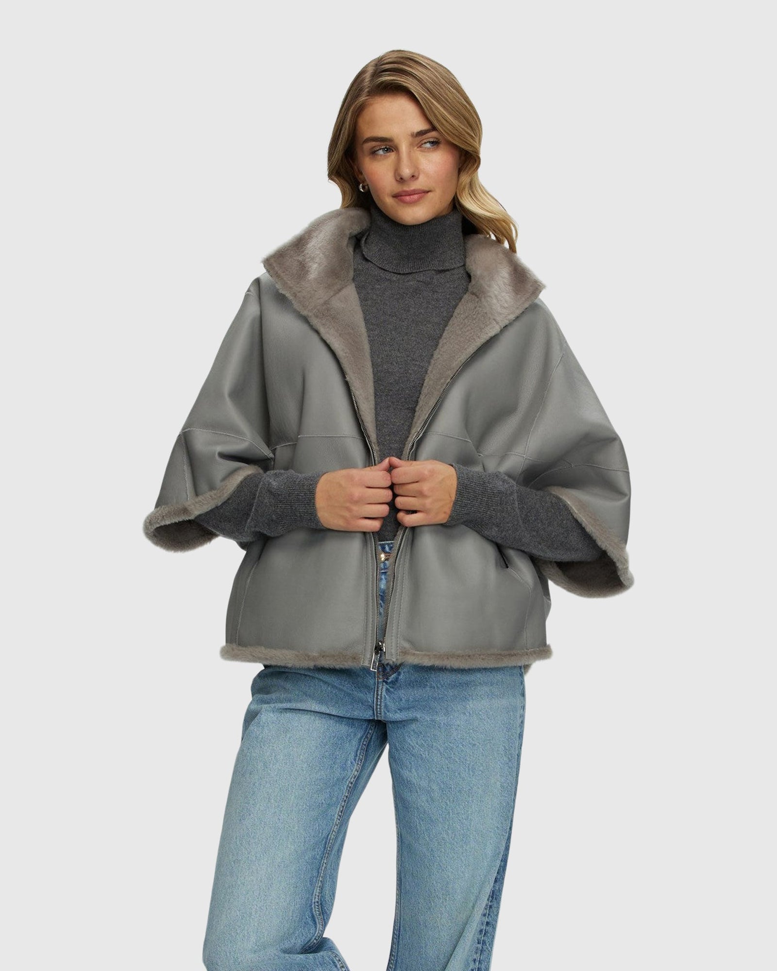 Reversible Shearling Lamb Short Sleeve Zip Cape | Gray